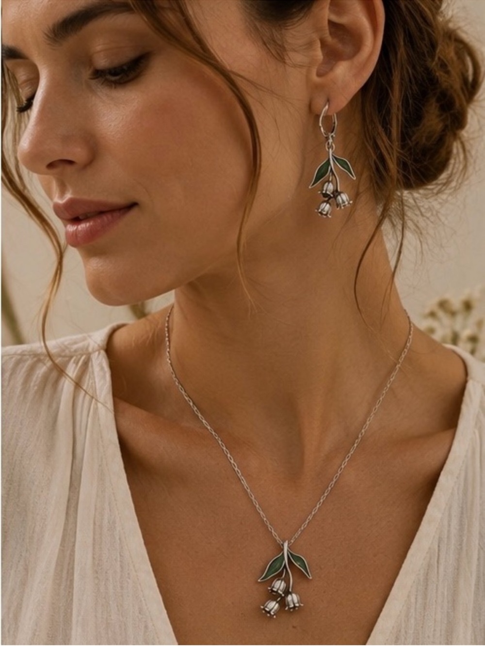 Vintage Silver Necklace with Green Enamel Leaf and Bell Charms